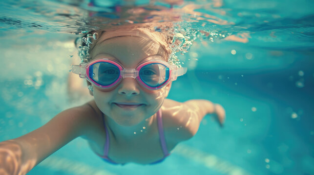 Little girl swimming freestyle in a swimming pool