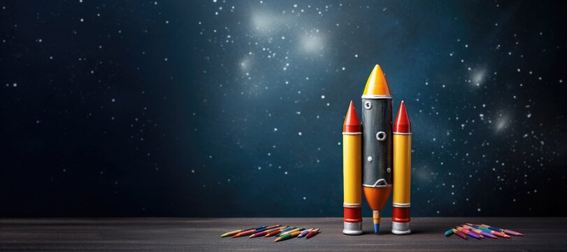 A rocket made of school supplies on black chalkboard background. Copy space. Preparation for school. The concept of Back to School.