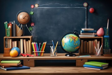 Globe, books, textbooks, stationery, school supplies on black chalkboard background. Copy space. Preparation for school. The concept of Back to School.