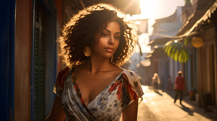 A beautiful black woman, late afternoon, in a neighborhood with colonial architecture