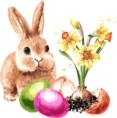 Happy Easter concept. Hand drawn watercolor illustration isolated on white background 