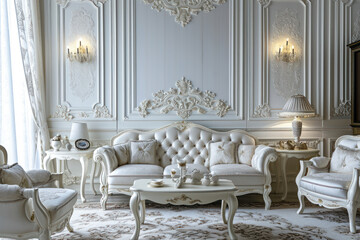 Classic living room with decorative wall , classic white sofa set.