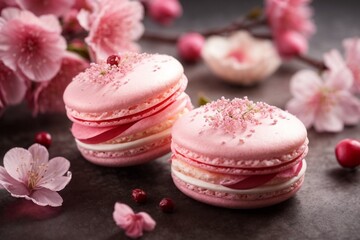 pink macaroon on a wooden background (Cherry Blossom Macaron)
