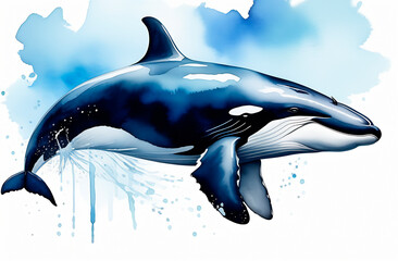 Blue whale, watercolor image on a white background with water splashes