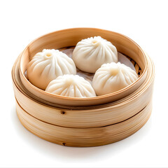 Chinese food Steamed Bao small dumpling in bamboo basket isolated on white background