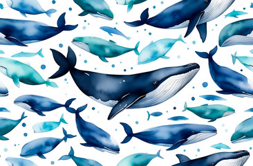 Background with blue whales, watercolor image on a white background