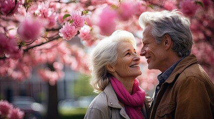 Fototapeta premium Embracing the future: A romantic mature couple shares happiness, strolling through a city park in spring.