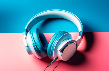 Modern headphones on pink and  blue background, minimalism concept