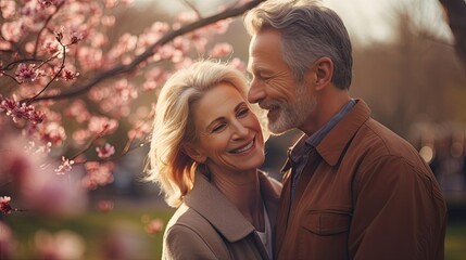 Fototapeta premium Embracing the future: A romantic mature couple shares happiness, strolling through a city park in spring.
