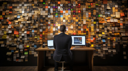 A businessman works sitting at a computer opposite a wall covered with reminder stickers - obrazy, fototapety, plakaty