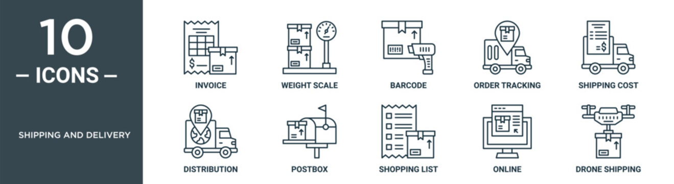 shipping and delivery outline icon set includes thin line invoice, weight scale, barcode, order tracking, shipping cost, distribution, postbox icons for report, presentation, diagram, web design