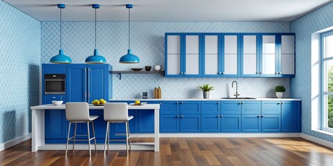 3d render Modern Contemporary kitchen room interior .white and blue nova material 