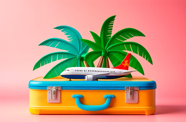 Bright suitcase, toy plane and palm trees, concept of vacation, tour company