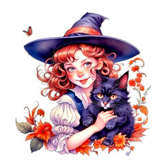 Illustration of a cute little girl in big hat with a black kitten