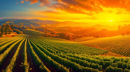 golden sunrise shines over a beautiful vineyard with neat rows of grapevines and rolling hills in the distance