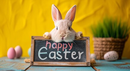 a pink bunny is holding a board with "happy easter" against yellow wall. Generative AI