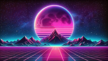 Abstract retro sci-fi grid 80's, 90's neon colors night and sunset, vintage cyberpunk illustration, retro synthwave style neon landscape background. - Powered by Adobe