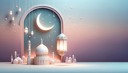 3D Ramadan Kareem celebration background illustration with a crescent moon and lanterns.