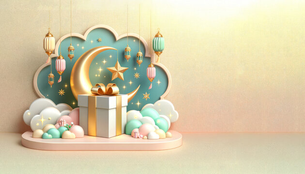 3D Ramadan Kareem celebration background illustration with a crescent moon, hanging lanterns, stars, clouds, and a beautifully wrapped gift.