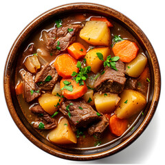 Bowl of beef stew with vegetables top view isolated on white background