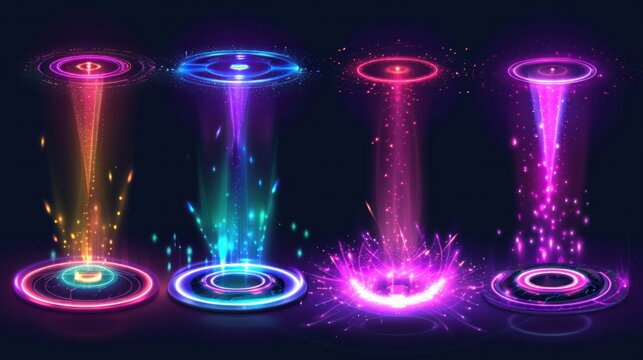 Color hologram portals set. Magic fantasy portal. Magic circle teleport podium with hologram effect. Vector colorful glow rays with sparks on black background