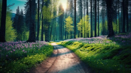 Wander in wonder: Navigate a road through the deep, vibrant spring forest.