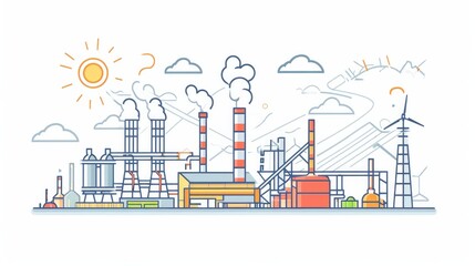 Concept of industrial plant and manufacture building. Energy and Power icons set. Energy generation and heavy industry. Modern brochure, report or cover design template. Thin lines style