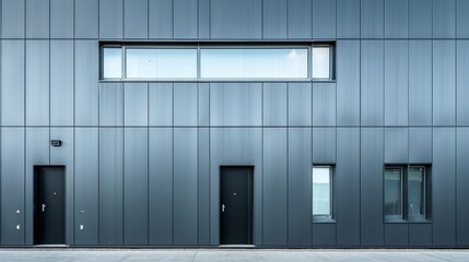 Details of gray facade made of aluminum panels with doors and windows on industrial building - obrazy, fototapety, plakaty