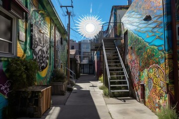 A photograph of a vibrant city alley with a surreal mural and a solar panel on the rooftop. Generative AI