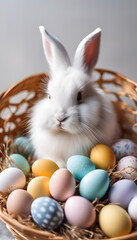 Fototapeta na wymiar White rabbit sitting in a basket with colorful Easter eggs. Easter concept.