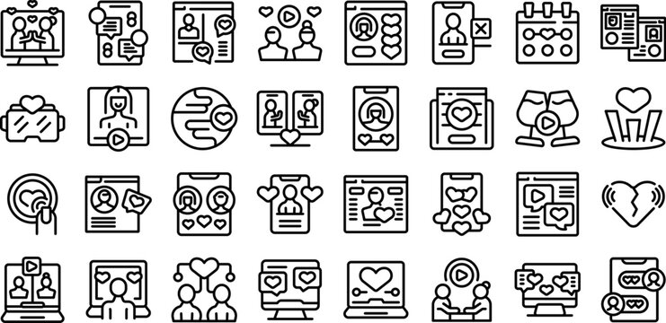 Virtual date icons set outline vector. Relationship distance. Love blind
