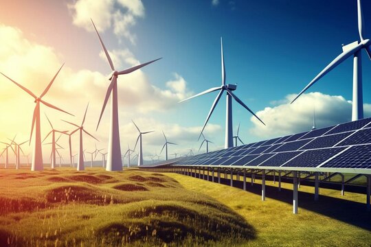 Renewable energy infrastructure with solar panels and wind turbines on lush grass. Generative AI