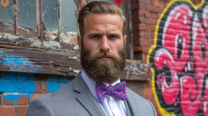 Stylish bearded man in suit posing against urban graffiti wall