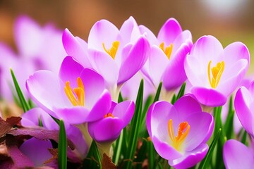 Beautiful purple crocus flowers - petals and stamens close-up. Spring purple primroses in a flowerbed.
