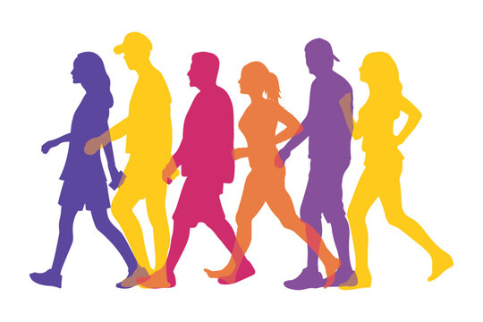 Walking marathon, people run, colorful poster. Vector illustration background silhouette