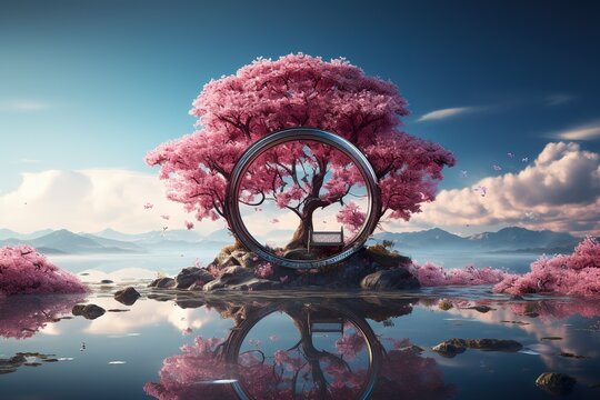 minimalistic design Beautiful enchanted landscape. Fantasy garden background. Magic meadow with spring blooming trees. Round frame with copy space in the middle.