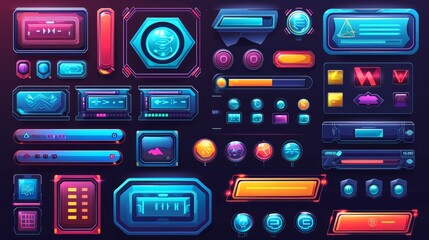 Game design interface with glossy buttons and panels. Vector cartoon set of ui elements different colors, circle buttons with icons, bars, sliders, arrows and login frame - obrazy, fototapety, plakaty