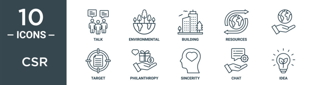 csr outline icon set includes thin line talk, environmental, building, resources, , target, philanthropy icons for report, presentation, diagram, web design