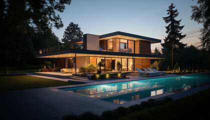 Casa moderna al tramonto con grande terrazza e piscina.