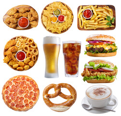 collection of various fast food meals and drinks isolated on transparent background