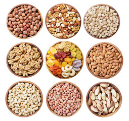 collection of bowls of dry fruits and nuts isolated on transparent background, top view