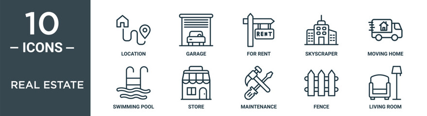 real estate outline icon set includes thin line location, garage, for rent, skyscraper, moving home, swimming pool, store icons for report, presentation, diagram, web design - obrazy, fototapety, plakaty