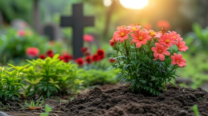Fototapeta premium Serene cemetery scene with vibrant pink flowers and crosses