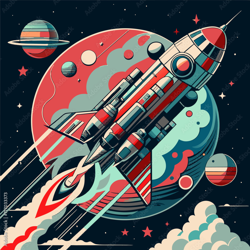 Sticker abstract space drawing with a rocket flying past the planets. eps file.