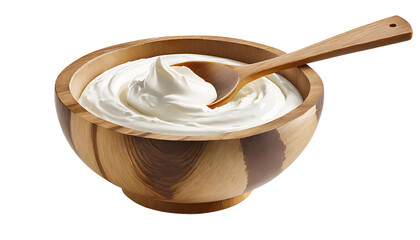 Greek yogurt in wooden bowl with spoon. isolated on transparent background. - obrazy, fototapety, plakaty