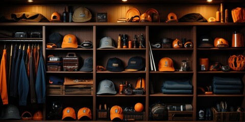 Organized display of work gear and tools on wooden shelves