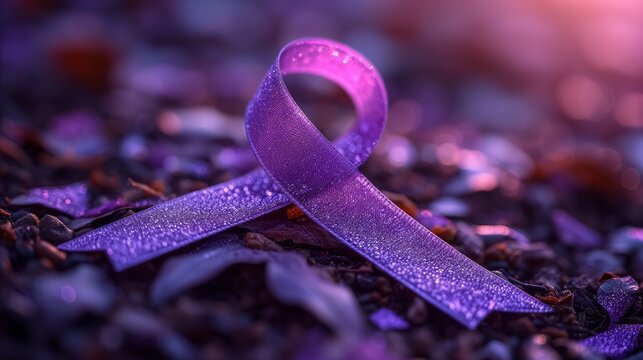 Purple awareness ribbon on a glittering background symbolizing support