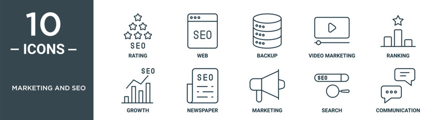 marketing and seo outline icon set includes thin line rating, web, backup, video marketing, ranking, growth, newspaper icons for report, presentation, diagram, web design - obrazy, fototapety, plakaty