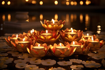 A festive setting where golden Diya lights create a captivating ambiance among delicate petals  Generative AI,
