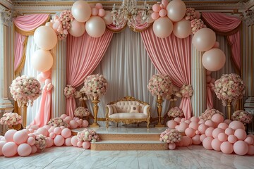 pink with golden curtain birthday stage with baloons frames,